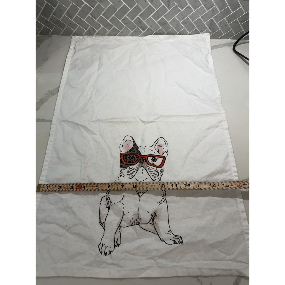 West Elm Tea Towel French Bulldog W Glasses 16x25 In Cute Dog Lover Kitchen - Picture 3 of 4